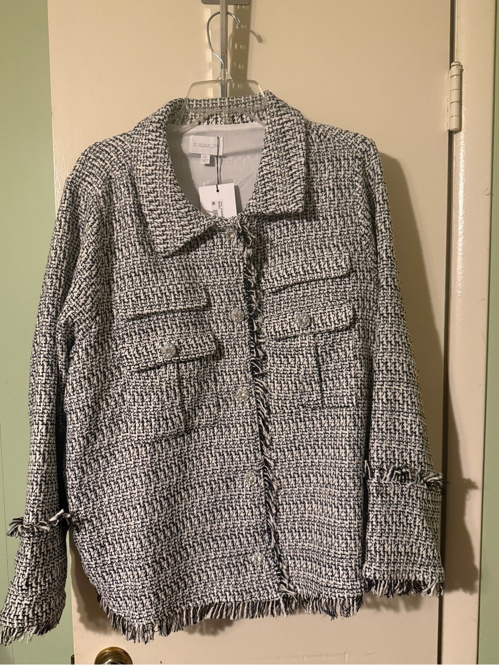 Sugarlips Black & White Tweed Fringe Pocket Jacket